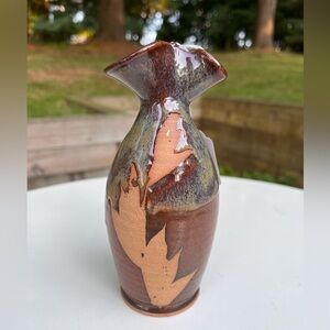 Vintage Pottery vase with floral motif pinched glazed handmade signed by potter